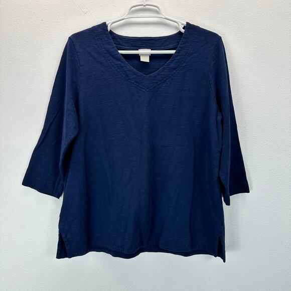 Chico's Cotton Blend Slub Refined V-Neck Tee 3/4 Sleeve Blue 2 Large - Picture 1 of 8